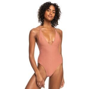 NWT Halara  sz S watermelon ribbed one piece swimsuit deep Vneck crisscross